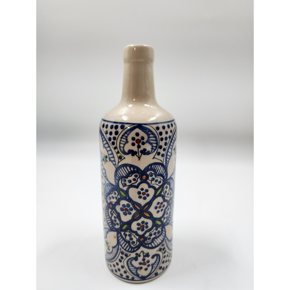 Vintage Safi Moroccan Hand Painted Ceramic BottleVase Blue Floral Pottery 8.25in - Picture 4 of 9